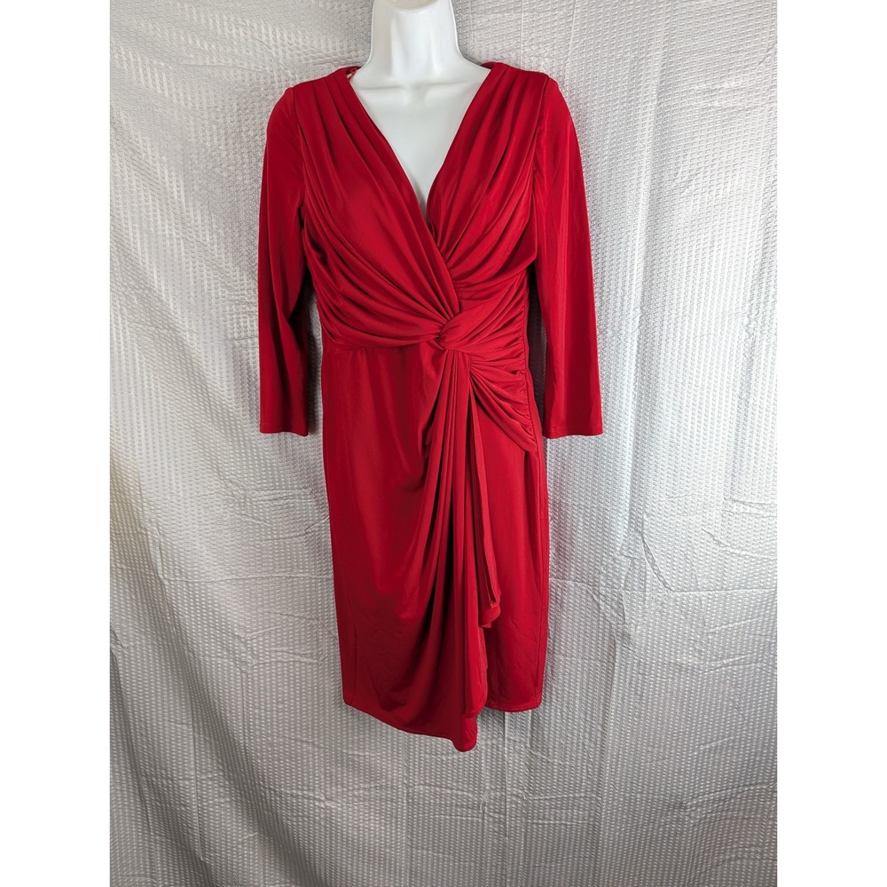 Boston Proper Red Ruched Knot Front Sheath Dress Womens 10 V-Neck Cocktail Party